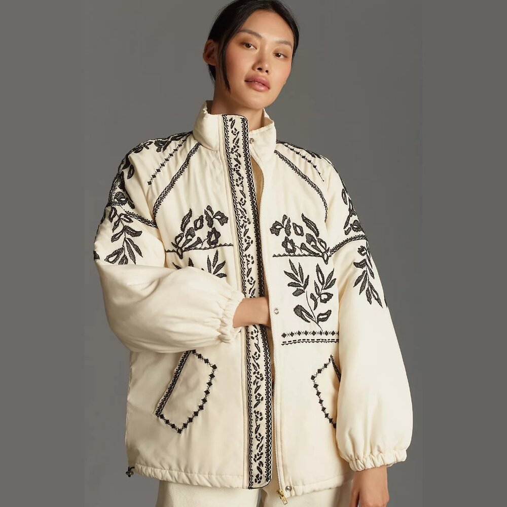 NEW Size XXS (Runs Large) - Anthropologie Embroidered Puffer Coat - Ivory